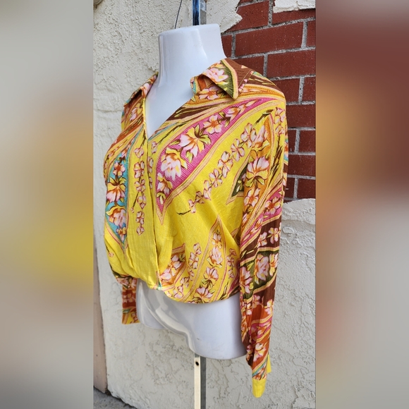 MEDIUM HAUTE HIPPIE faux wrap yellow floral boho collar crop shirt pullover - Picture 9 of 16